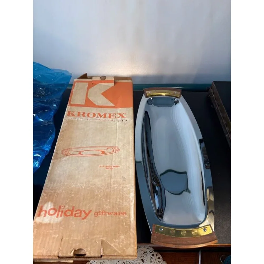Kromex Chrome Serving Tray Brass Walnut Handles Original Box Sears USA MCM